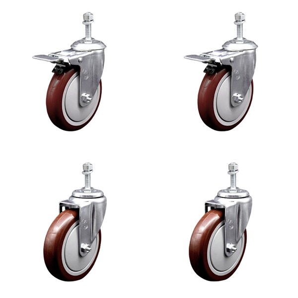 Service Caster 5 Inch Maroon Polyurethane Swivel 3/8 Inch Stem Caster Total Lock Brake, 2PK SCC-TSTTL20S514-PPUB-MRN-381615-2-S2 - main